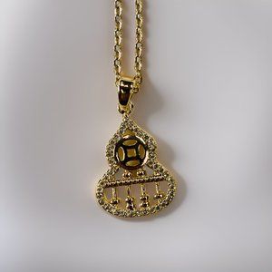 Gold and Zircon Relief Abacus Coin Money Collector Gourd Pendant Necklace